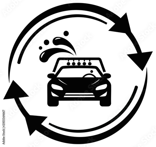 Car wash and dry circular process with a black car icon and water spray