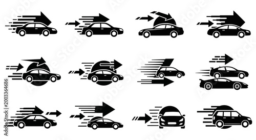 Various cars moving quickly with arrows indicating direction and speed on a white background