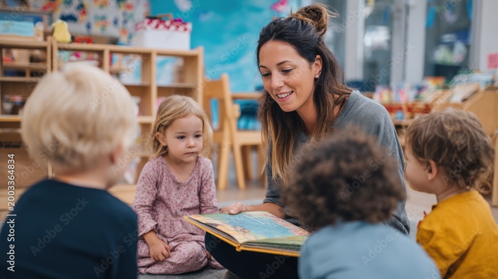 Obraz premium Teacher reads to children in bright classroom setting during storytime