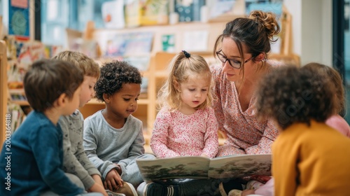 Teacher reading to preschool children in a bright classroom setting