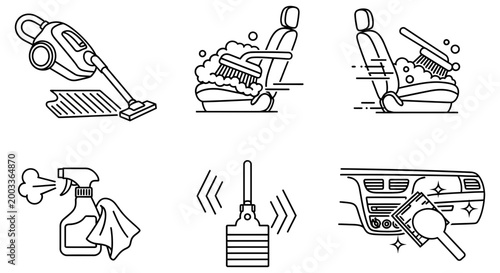 Car interior cleaning and detailing process with various tools and techniques