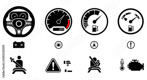 Essential collection of black and white automotive dashboard warning indicator icons illustrated digitally