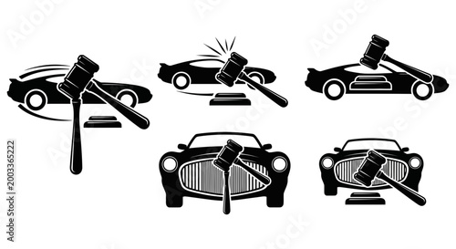 Gavel hitting various luxury cars in different crashing positions and angles illustration