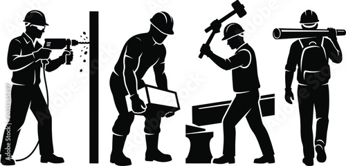 Construction workers group performing various tasks with professional tools and equipment black minimalist silhouette