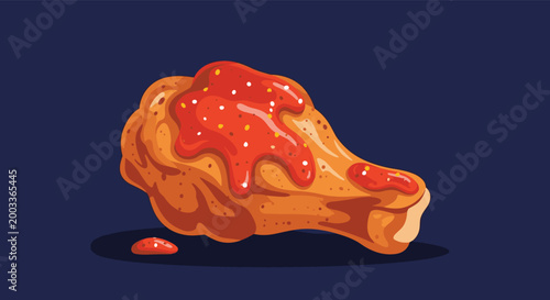 Crispy fried chicken drumstick coated in a vibrant red spicy sauce stands out against a dark background for an appetizing presentation.
