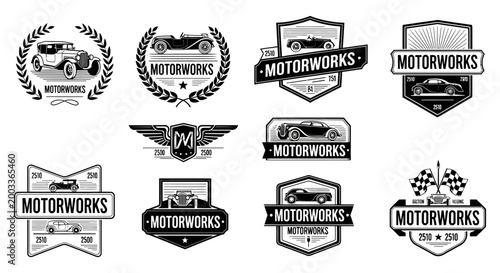 Various motorworks logos with unique designs and styles for automotive branding and identity