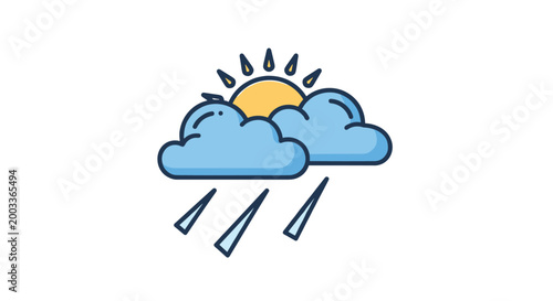 Weather icon showing a sun partially covered by clouds and raindrops falling represents a typical overcast day with light showers.