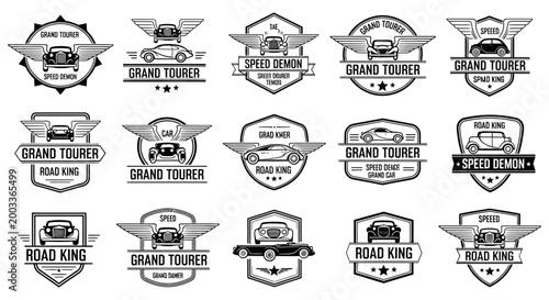 Various grand tourer car logo designs with wings and text