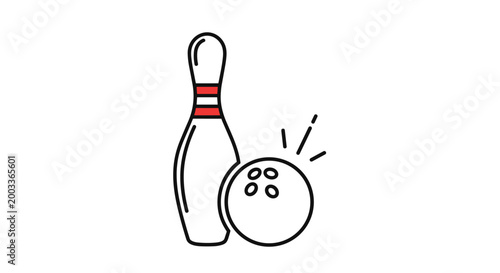 Single bowling pin with red stripes stands next to a heavy bowling ball with motion lines suggesting a strike.