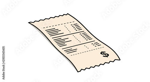 Printed paper receipt featuring a list of items and a dollar sign symbol represents a purchase transaction and financial expense.