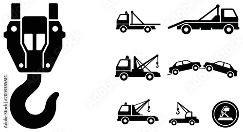 Collection of black and white tow truck icons illustrating various vehicle recovery and towing services