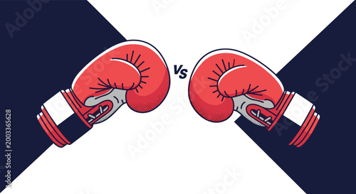 Pair of red boxing gloves facing each other with a VS symbol represents competition, sport, conflict, and a professional match.