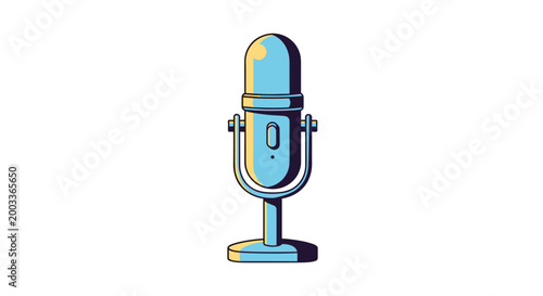 Classic vintage studio microphone with a stand rendered in blue and yellow tones for music, podcasting, and audio recording.