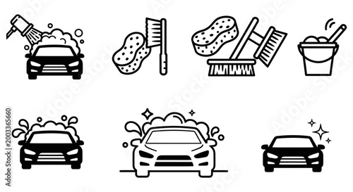 Vector graphic illustration of car wash icons and cleaning tools in a simple design