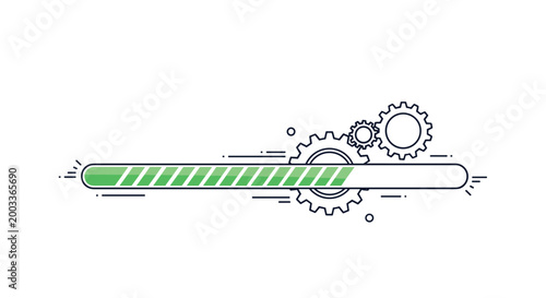 Progress loading bar with green segments and interlocking gears representing technical system processing and data transfer.