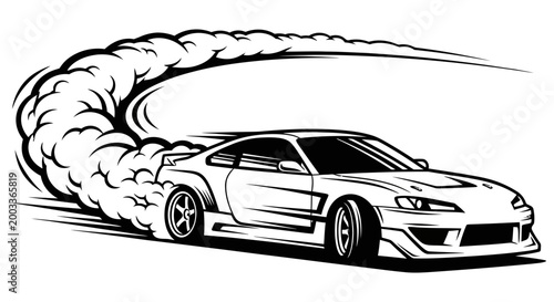 White sports car drifting with smoke coming out of its tires on a white background