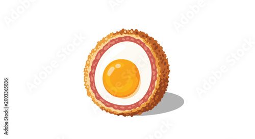 Halved scotch egg showing a vibrant yellow yolk and breaded sausage layer is set against a clean white background.