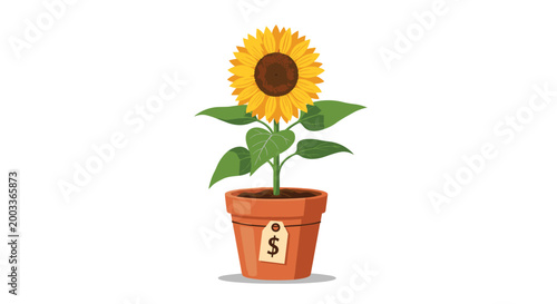 Vibrant yellow sunflower growing in a terracotta pot with a dollar sign price tag represents floral sales and garden commerce.