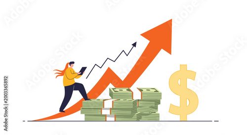 Businesswoman climbing a staircase of money stacks towards a large upward arrow for career, wealth, and financial success.