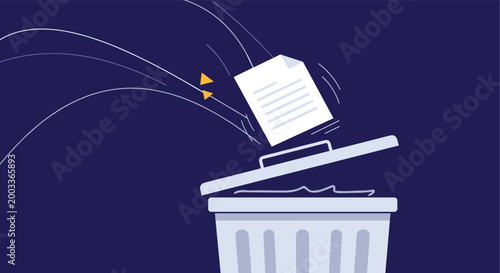 White paper document falling into an open trash bin against a dark background represents data disposal and decluttering.