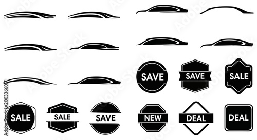 Various sale and save labels for advertising and promotional use on white background