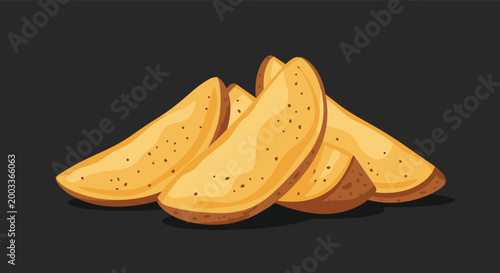 Stack of golden brown potato wedges with seasoned skin is piled together on a dark background as a tasty side dish.