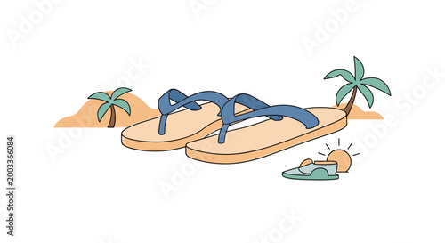 Pair of blue flip flops on a sandy beach during sunset with palm trees in the background, conveying tropical vacation and summer relaxation.