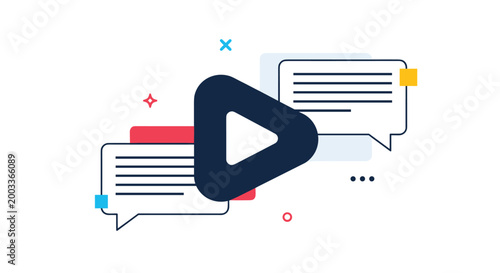 Video play icon combined with speech bubbles and geometric shapes represents digital communication, multimedia sharing, and social interaction.