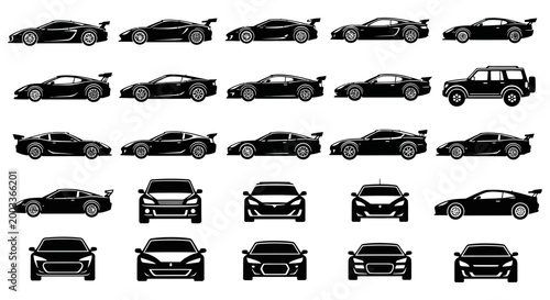Various car silhouettes in different models and angles on a white background