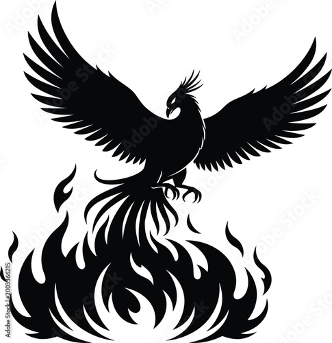 Black silhouette of a phoenix bird rising from fire flames