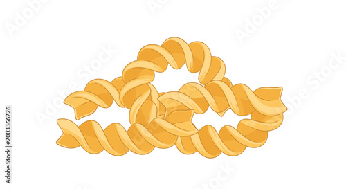 Two pieces of spiral fusilli pasta with a golden yellow color are shown in detail against a white background.