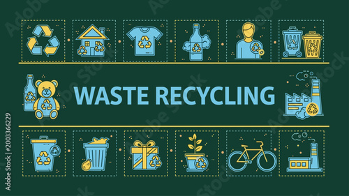 Waste Recycling Concept Icons Set with Symbols for Sustainable Practices, Eco-Friendly Solutions, and Green Energy Initiatives