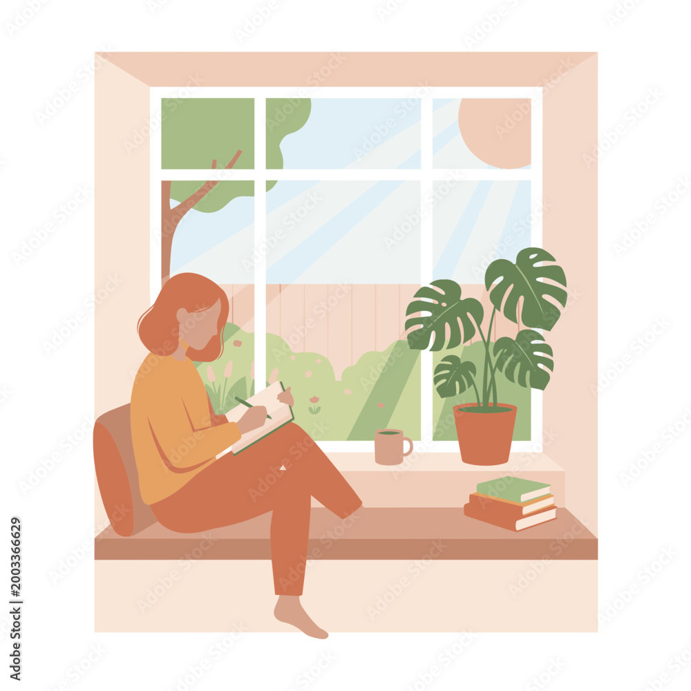 Fototapeta premium Woman relaxing by window drinking coffee and reading book, peaceful morning devotion and cozy lifestyle vector illustration