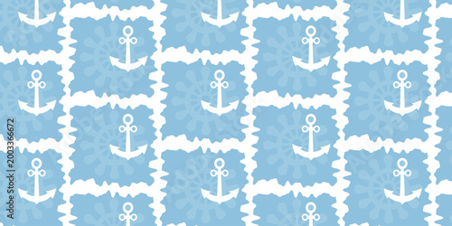 Seamless Nautical Pattern with White Anchors on Blue Grunge Square Tiles Vector Background
