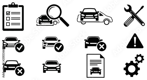 Collection of black and white vector icons representing automobile inspection repair maintenance and troubleshooting services