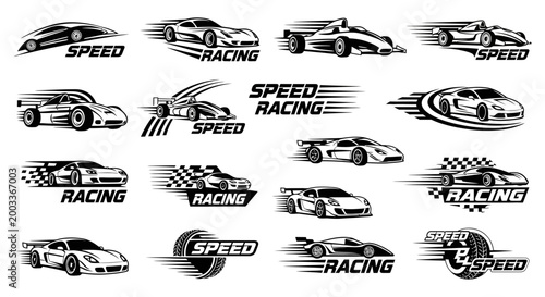 Black and white racing car logos and speed labels in various dynamic designs and fonts combined