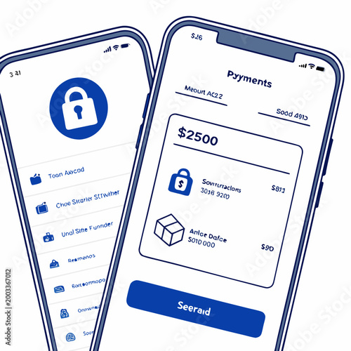 Two smartphones displaying mobile payment and security app screens finance banking