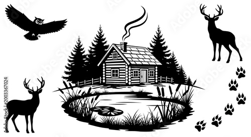 Black and white cabin scene with trees deer eagle and paw prints around