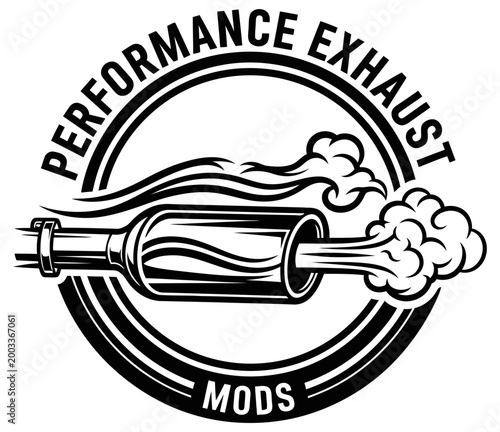 Emblematic black and white performance exhaust pipe logo with stylized smoke for automotive modification companies.