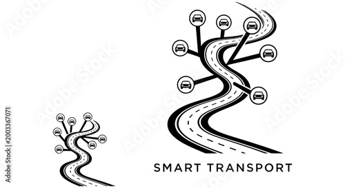 Abstract illustration representing smart transport system concept with interconnected autonomous vehicles on a winding road network.