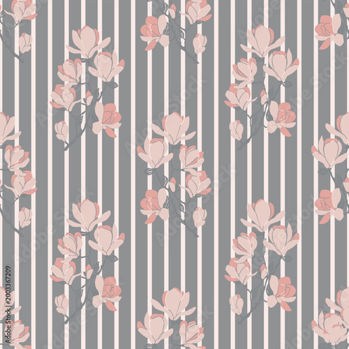 Seamless pattern with pink magnolia flowers on striped background
