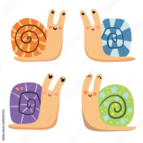 Cute snails set with colorful patterned shells
