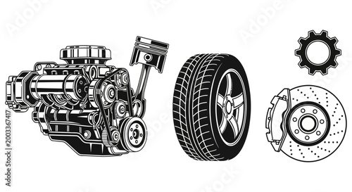 Vector illustration of classic car parts including engine, piston, wheel, brake, and gear graphic design