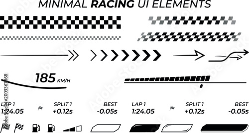 Minimal racing UI elements set, black vector speed icons with checkered flags, motion arrows, and game dashboard indicators isolated on white background.