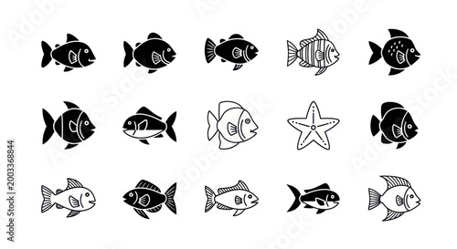 Fish icons set in black and white