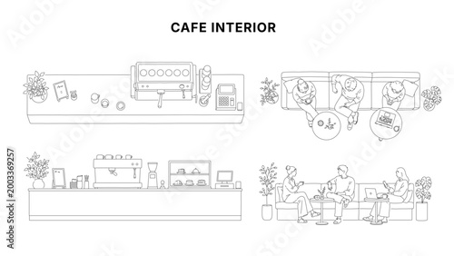 Minimal CAD cafe interior drawings set with counter, coffee machine, seating area and people, top view and elevation in clean architectural line style for plans and layouts