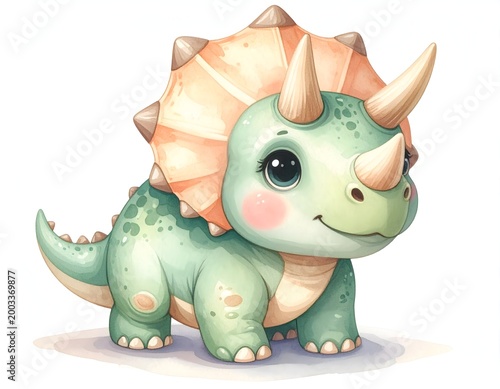 Playful Triceratops: A charming watercolor illustration of a friendly triceratops dinosaur. with a whimsical design, exuding cuteness and joy.