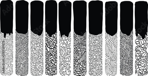 Tableau sur toile Set of ten vertical rectangular bars with hand drawn doodle patterns and solid b