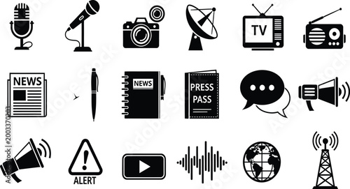 Set of black media and communication icons for journalism broadcasting and press