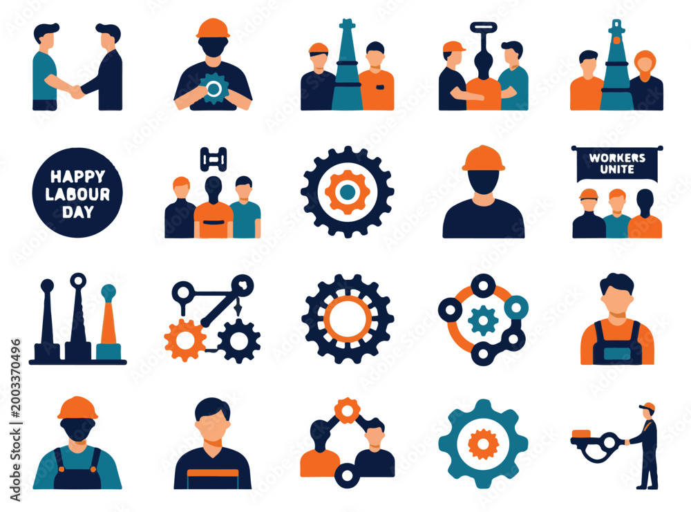 Fototapeta premium International Labour Day Industrial Worker and Gear Flat Icon Set